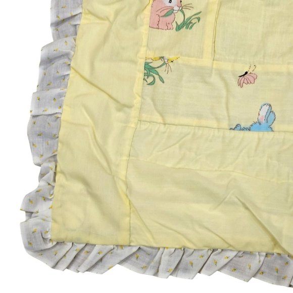 70s Retro Kitschy Dog Cat Yellow Baby Quilt Blanket Bunny Butterfly Ruffle Trim - Picture 5 of 11